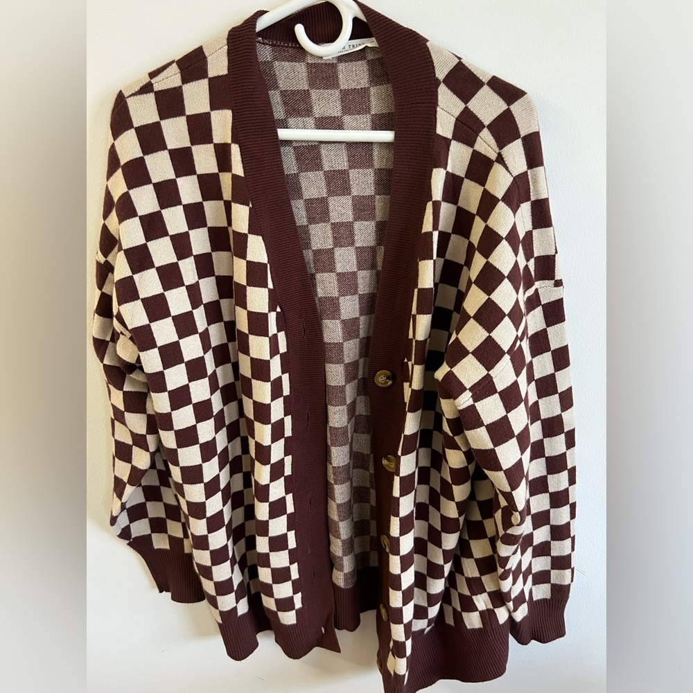 12th Tribe Brown and Cream Checkered cardigan